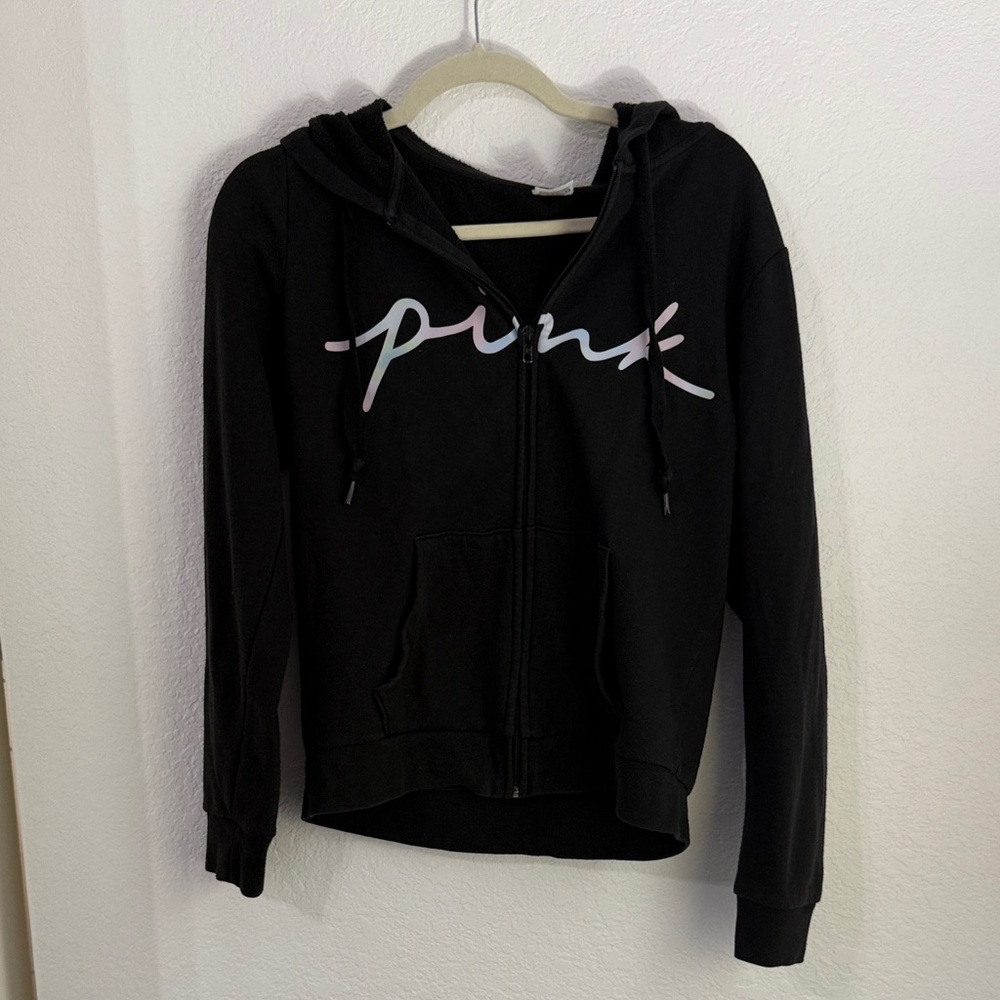PINK Victoria's Secret Black Zip-Up Hoodie Medium